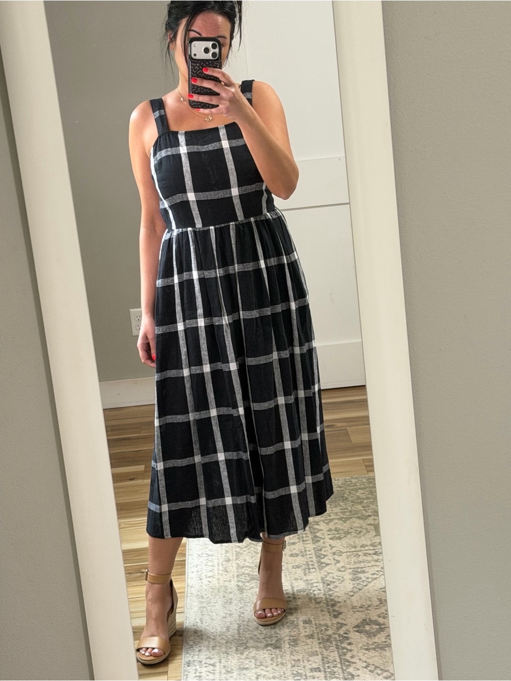 Who What Wear Black and White Windowpane Linen Midi Dress